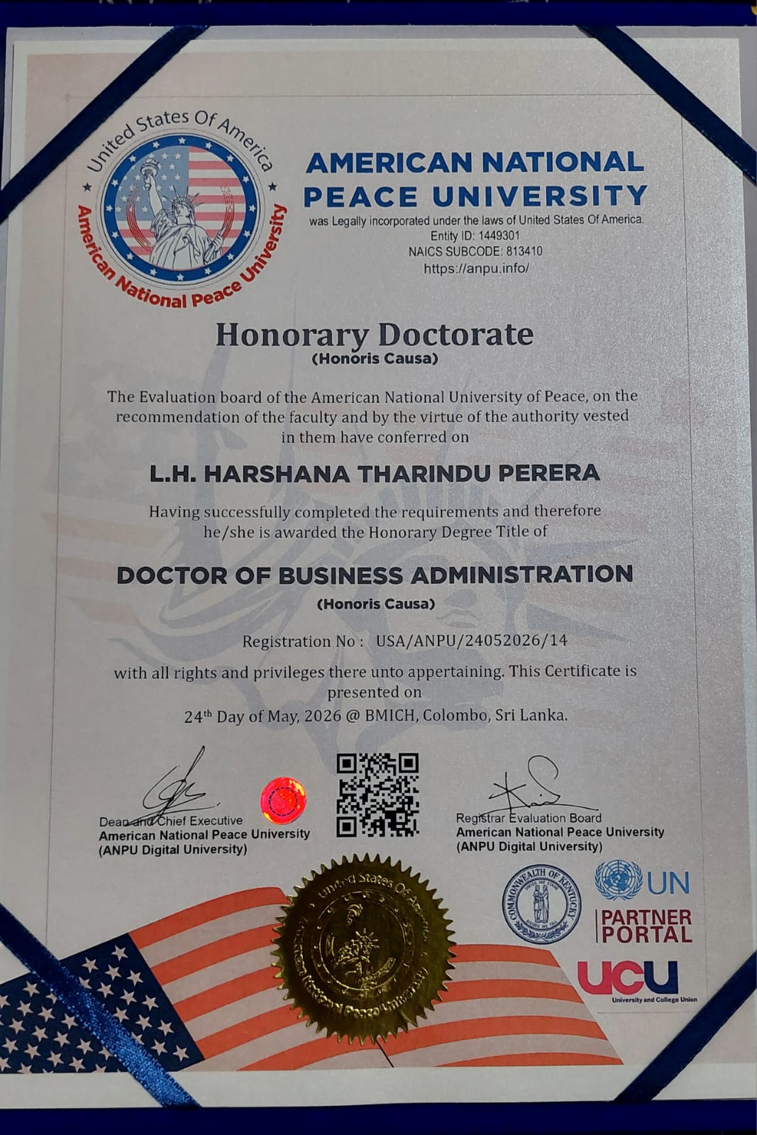 Honorary Doctorate Certificate